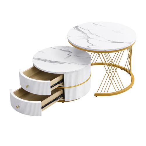 Tables Basses Gigognes Rondes Blanc Effet Marbre – 2 Pièces, 60 Cm + 50 Cm, 2 Tiroirs
