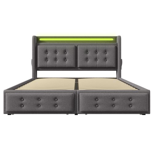 Lit Adulte 140x200 Avec 4 Tiroirs, Éclairage LED Et Ports USB/type-c, Coton Lin Gris