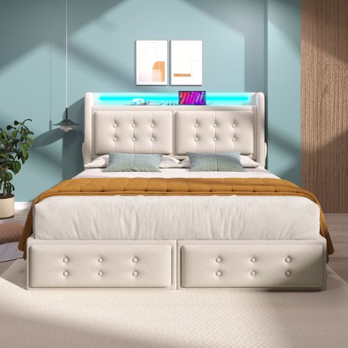 Lit Adulte 160x200 Avec 4 Tiroirs, Éclairage LED Et Ports USB/type-c, Coton Lin Beige