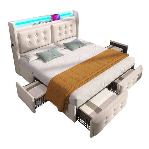 Lit Adulte 160x200 Avec 4 Tiroirs, Éclairage LED Et Ports USB/type-c, Coton Lin Beige