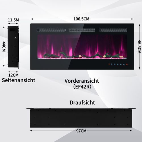 Cheminée Électrique Encastrable 106,5×46,5×12 Cm, 12 Couleurs De Flammes, 900/1800w, Noir