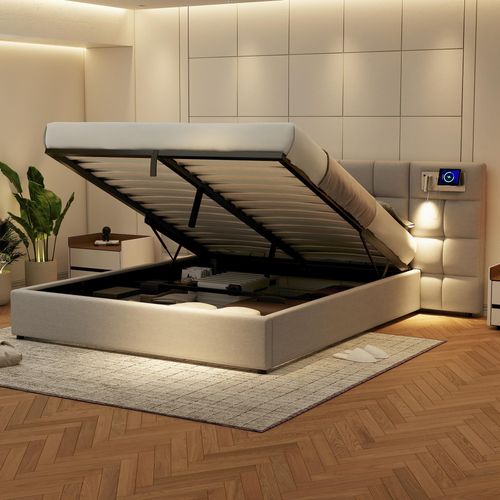 Lit Adulte 180x200 Cm Avec Rangement Hydraulique, USB + Charge Sans Fil, Lin Gris