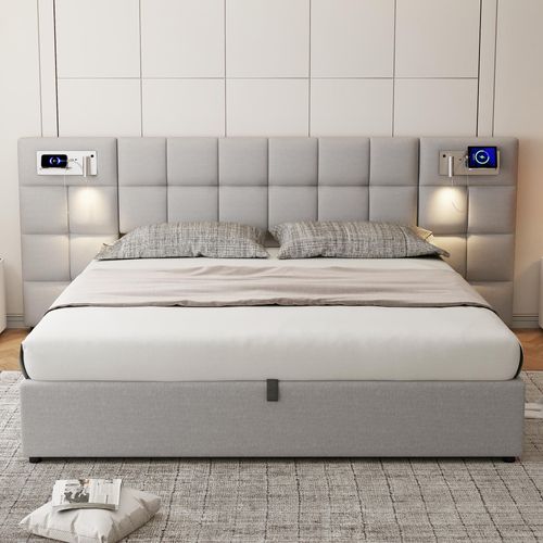 Lit Adulte 180x200 Cm Avec Rangement Hydraulique, USB + Charge Sans Fil, Lin Gris