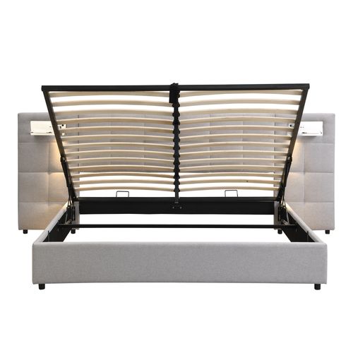 Lit Adulte 180x200 Cm Avec Rangement Hydraulique, USB + Charge Sans Fil, Lin Gris
