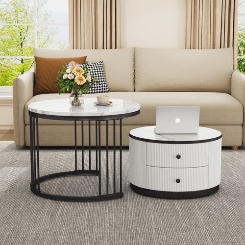 Tables Basses Gigognes Rondes 60x60x45,5 Et 50x50x32 Cm Noir Et Blanc Avec 2 Tiroirs