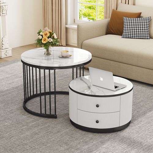 Tables Basses Gigognes Rondes 60x60x45,5 Et 50x50x32 Cm Noir Et Blanc Avec 2 Tiroirs