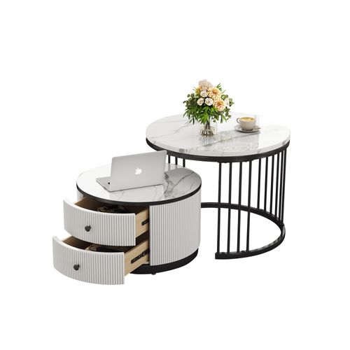 Tables Basses Gigognes Rondes 60x60x45,5 Et 50x50x32 Cm Noir Et Blanc Avec 2 Tiroirs