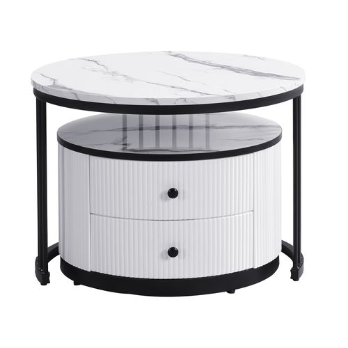 Tables Basses Gigognes Rondes 60x60x45,5 Et 50x50x32 Cm Noir Et Blanc Avec 2 Tiroirs