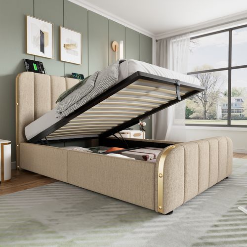 Lit Enfant Coffre 90x200 Cm, Tête Haute Lin Beige Avec Ports USB/type-c Et Rangements