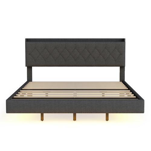 Lit Adulte 160x200 Cm Lin Gris Port De Charge Intégré LED Avec Rangement