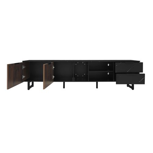 Meuble TV 200 X 38 X 50 Cm, Noir Et Bois Foncé, Avec 2 Portes Et 2 Tiroirs, LED