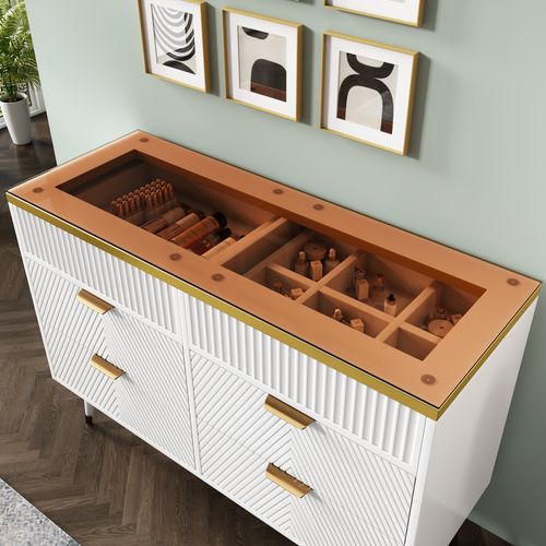 Commode 120 X 40 X 76 Cm, 6 Tiroirs, Plateau Verre Brun Et Métal, Blanc