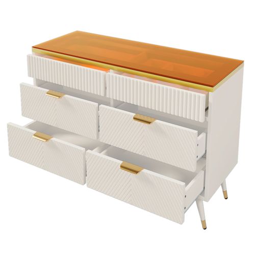 Commode 120 X 40 X 76 Cm, 6 Tiroirs, Plateau Verre Brun Et Métal, Blanc