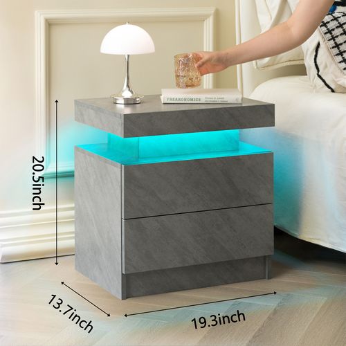 Table De Chevet LED Réglable Avec 2 Tiroirs, Bois Gris Foncé