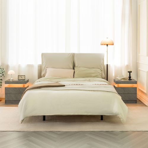 Table De Chevet LED Réglable Avec 2 Tiroirs, Bois Gris Foncé