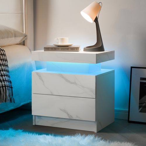 Table De Chevet LED Multicolore 2 Tiroirs Bois Blanc Mat
