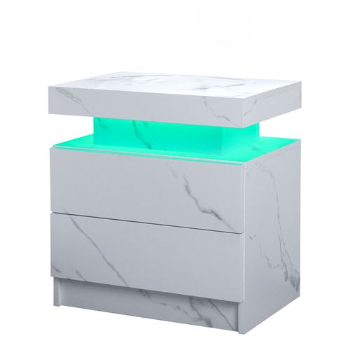 Table De Chevet LED Multicolore 2 Tiroirs Bois Blanc Mat