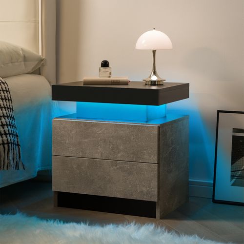 Table De Chevet Gris En Bois Avec Éclairage LED Multicolore Réglable Et 2 Tiroirs