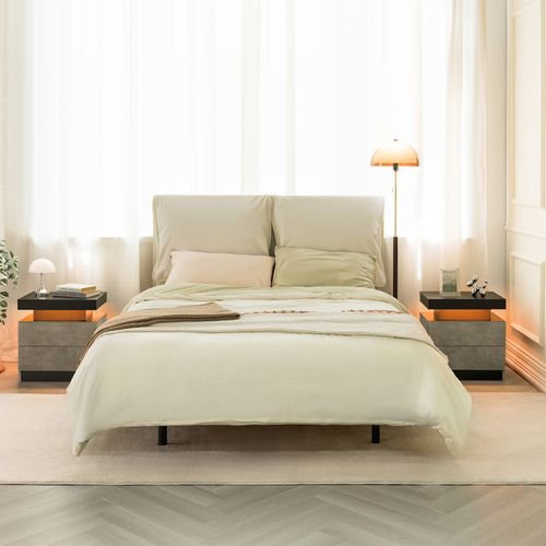 Table De Chevet Gris En Bois Avec Éclairage LED Multicolore Réglable Et 2 Tiroirs