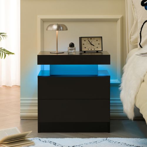 Table De Chevet LED Noire En Bois Avec 2 Tiroirs Et Rangement Ouvert