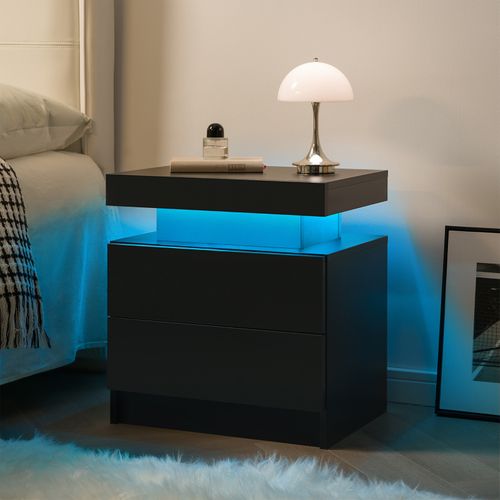 Table De Chevet LED Noire En Bois Avec 2 Tiroirs Et Rangement Ouvert