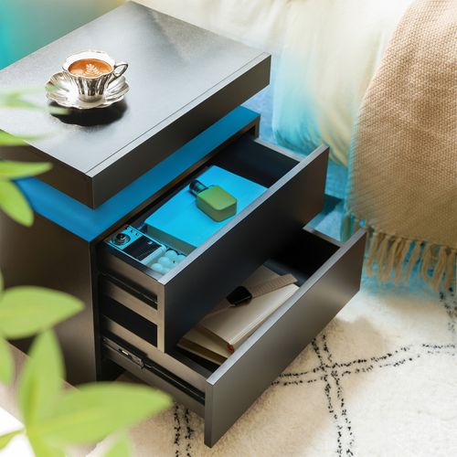 Table De Chevet LED Noire En Bois Avec 2 Tiroirs Et Rangement Ouvert