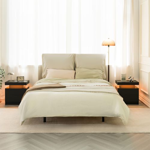 Table De Chevet LED Noire En Bois Avec 2 Tiroirs Et Rangement Ouvert