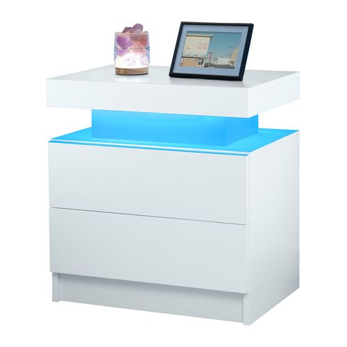 Table De Chevet LED Multicolore Avec 2 Tiroirs, Bois Blanc