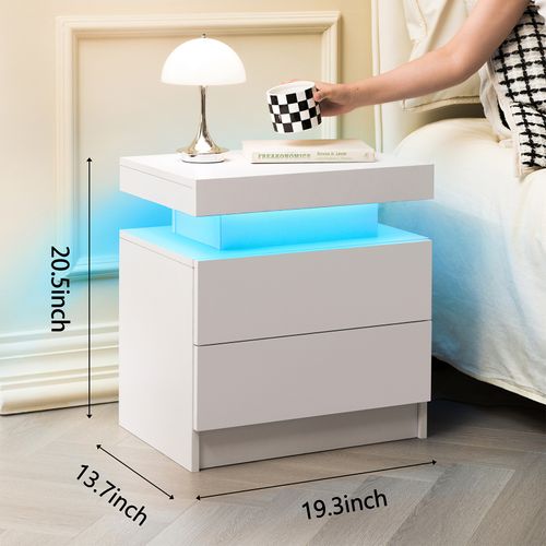 Table De Chevet LED Multicolore Avec 2 Tiroirs, Bois Blanc