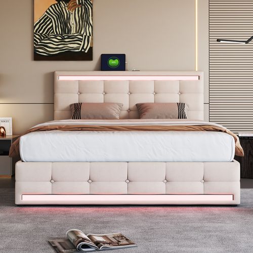 Lit 140x200 Cm 2 Places Avec LED, USB Et 4 Tiroirs De Rangement, Structure Métal Et Bois, Lin Beige