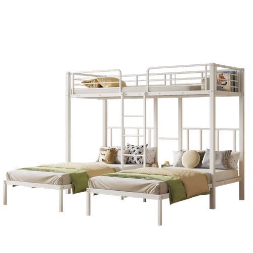 Lit Superposé Triple Enfant 90x200 Cm Métal Blanc Avec Petit Chevet, 3 Couchages