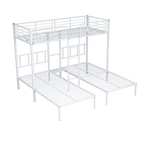 Lit Superposé Triple Enfant 90x200 Cm Métal Blanc Avec Petit Chevet, 3 Couchages