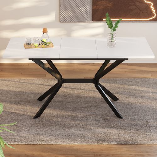 Table à Manger Extensible 120–160×80 Cm, Plateau Blanc, Pieds Métal Noir Pour 4-6 Personnes