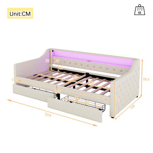 Lit Enfant 90x200 Cm Avec Éclairage LED, Port USB Et 2 Tiroirs, Lin Beige