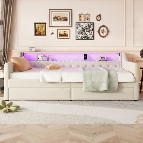 Lit Enfant 90x200 Cm Avec Éclairage LED, Port USB Et 2 Tiroirs, Lin Beige