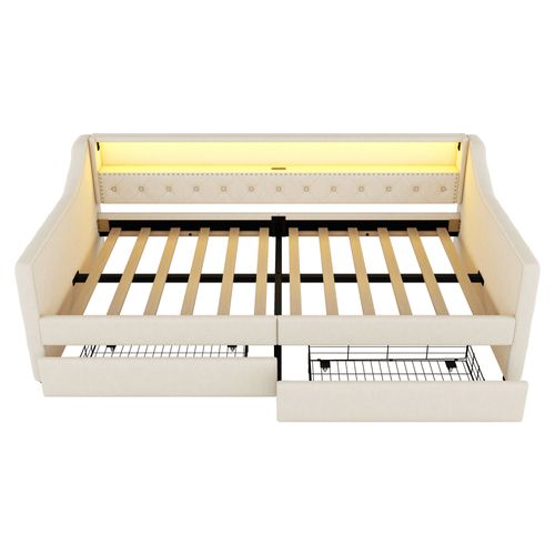 Lit Enfant 90x200 Cm Avec Éclairage LED, Port USB Et 2 Tiroirs, Lin Beige