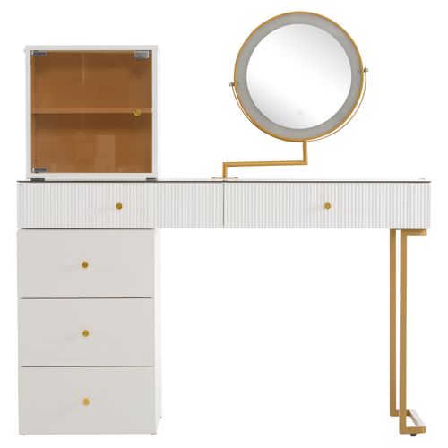 Coiffeuse Blanc Et Doré 120 X 45 X 115 Cm Avec Miroir LED 3 Couleurs, Plateau Transparent