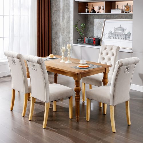 Lot De 4 Chaises Velours Beige, Salle à Manger, Pieds En Bois