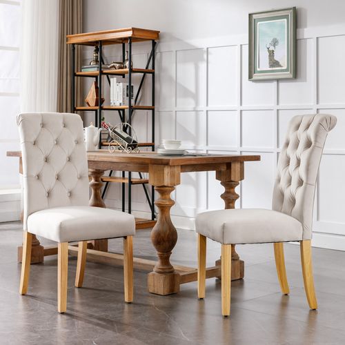 Lot De 4 Chaises Velours Beige, Salle à Manger, Pieds En Bois