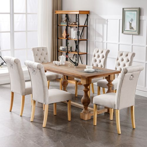 Lot De 6 Chaises Velours Beige, Salle à Manger, Pieds En Bois