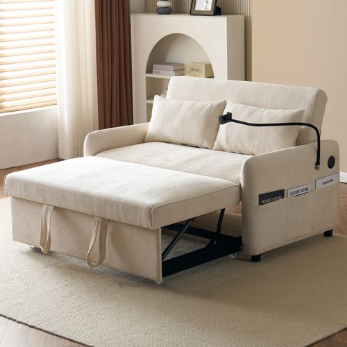 Canapé Convertible 2 Places 129x163 Cm, Dossier Réglable, Ports USB, Tissu Chenille Beige