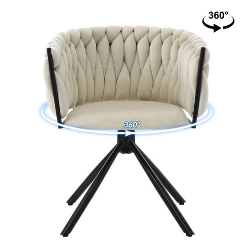 Chaise Pivotante 360° En Velours Beige, Piètement Métal 4 Pieds, Rembourrage Mousse