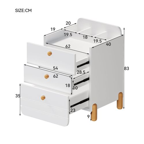 Table De Chevet 64x40x83 Cm Blanc Avec 3 Tiroirs Et Étagère Ouverte, Pieds En Pin