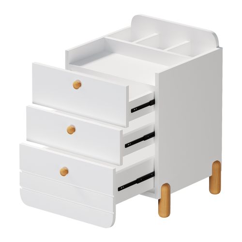 Table De Chevet 64x40x83 Cm Blanc Avec 3 Tiroirs Et Étagère Ouverte, Pieds En Pin