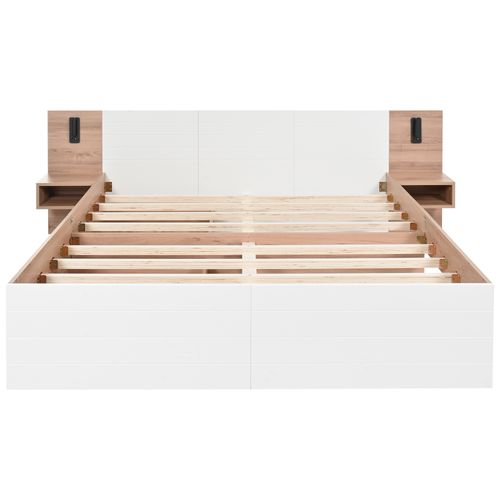 Lit Adulte 160x200 Cm Avec 2 Tiroirs, Tête Liseuse LED Et Port USB, Bois Blanc/chêne Clair