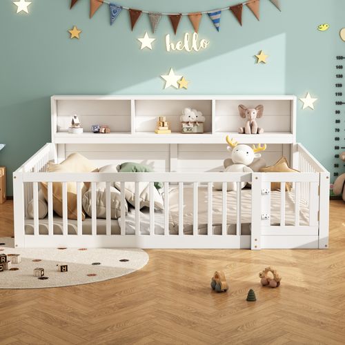 Lit Enfant 140x200 Cm Lit Bébé Au Sol En Pin Blanc Avec Rangements Et Sommier à Lattes