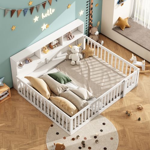 Lit Enfant 140x200 Cm Lit Bébé Au Sol En Pin Blanc Avec Rangements Et Sommier à Lattes