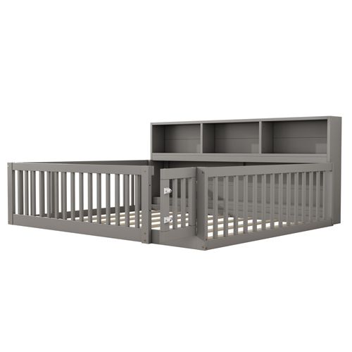 Lit Enfant 140x200 Cm Lit Bébé Au Sol En Pin Gris Avec Rangements Et Sommier à Lattes