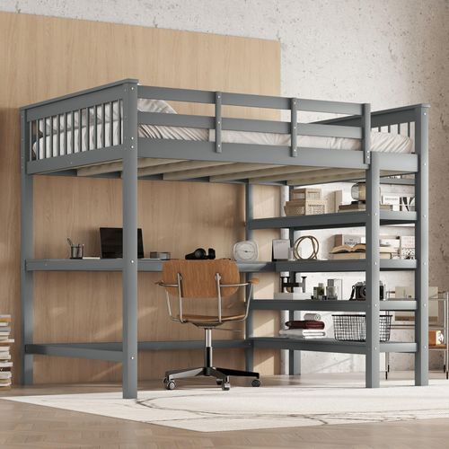 Lit Mezzanine Adulte 140x200 Cm En Pin Gris Avec Bureau Intégré Et Rangements
