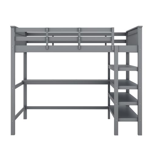 Lit Mezzanine Adulte 140x200 Cm En Pin Gris Avec Bureau Intégré Et Rangements